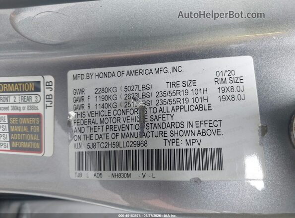 5J8TC2H59LL029968 2020 ACURA RDX Silver Vista del compartimento del motor