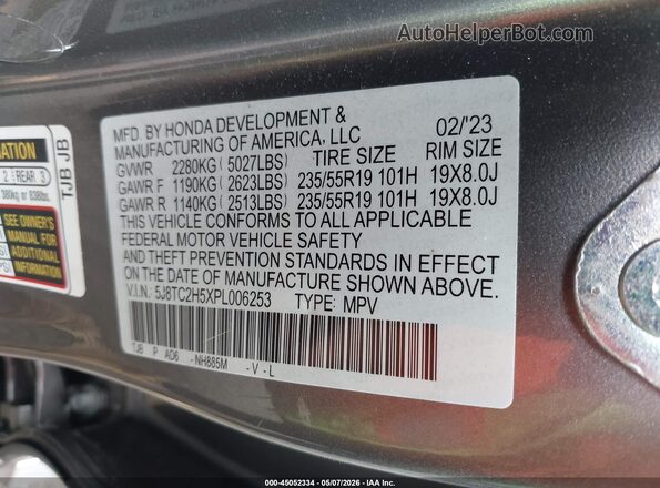 5J8TC2H5XPL006253 2023 ACURA RDX Gray 