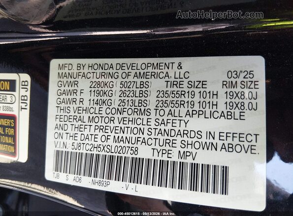 5J8TC2H5XSL020758 2025 ACURA RDX Black Vista del compartimento del motor