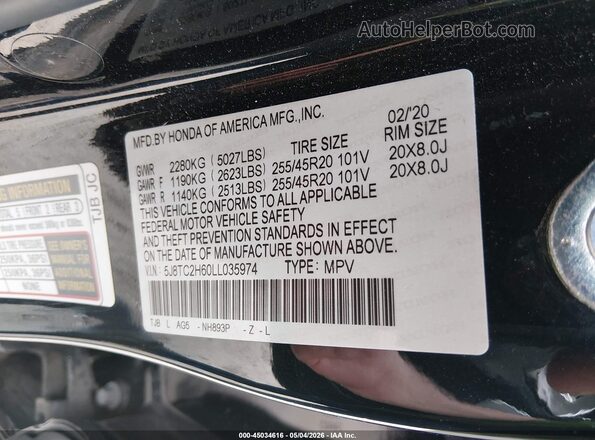 5J8TC2H60LL035974 2020 ACURA RDX Black Вид підкапотного простору