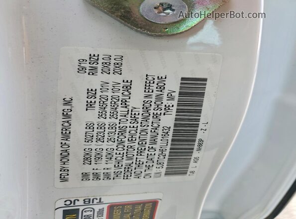 5J8TC2H61LL016432 2020 ACURA RDX White VIN sticker view