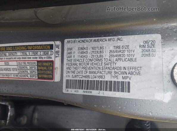5J8TC2H68LL041683 2020 ACURA RDX Silver Vista del compartimento del motor