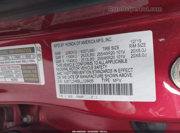 5J8TC2H69LL028456 2020 ACURA RDX Red Vista del compartimento del motor