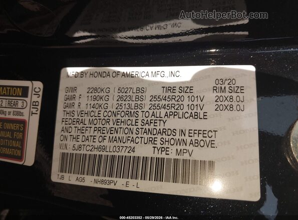 5J8TC2H69LL037724 2020 ACURA RDX Black Widok komory silnika