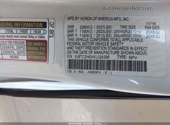 5J8TC2H6XKL024396 2019 ACURA RDX White Vista del compartimento del motor