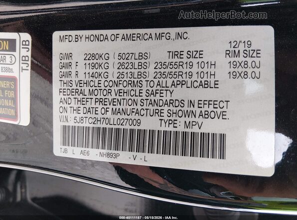 5J8TC2H70LL027009 2020 ACURA RDX Black 