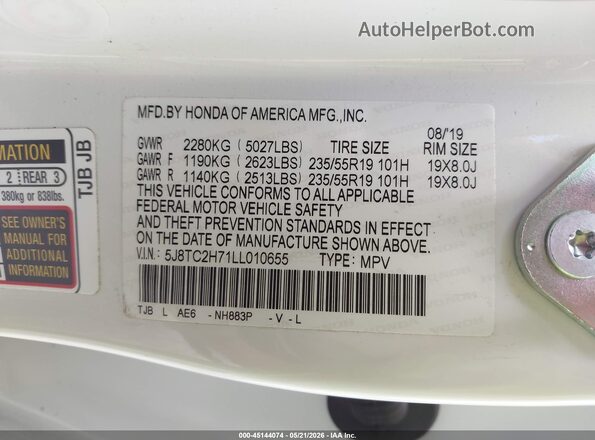 5J8TC2H71LL010655 2020 ACURA RDX White Engine compartment view