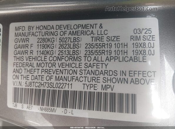 5J8TC2H73SL022711 2025 ACURA RDX Gray Вид підкапотного простору