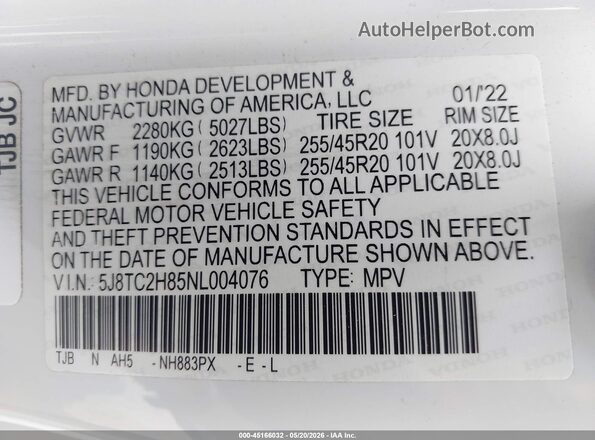 5J8TC2H85NL004076 2022 ACURA RDX White Շարժիչի բաժամունքի տեսք