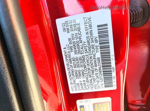 5J8TC2H89NL015498 2022 ACURA RDX Red VIN კოდის სტიკერის ხედი