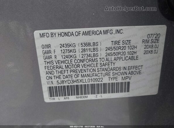 5J8YD3H5XLL010922 2020 ACURA MDX Silver Engine compartment view