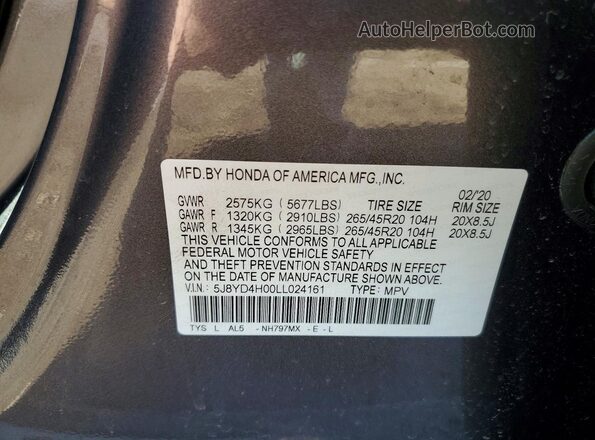 5J8YD4H00LL024161 2020 ACURA MDX Gray 