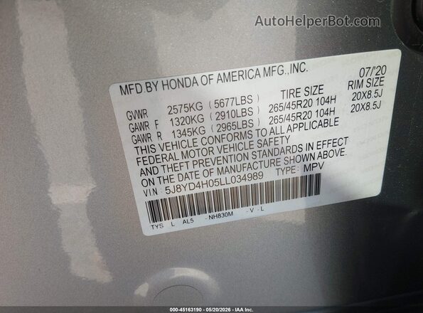 5J8YD4H05LL034989 2020 ACURA MDX Gray Engine compartment view