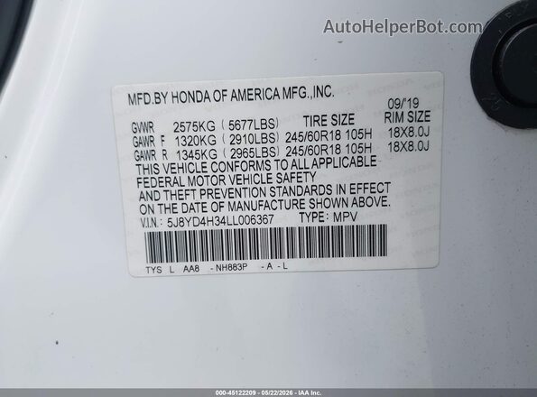 5J8YD4H34LL006367 2020 ACURA MDX White Engine compartment view