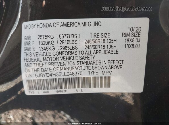 5J8YD4H35LL048370 2020 ACURA MDX Black Vista del compartimento del motor