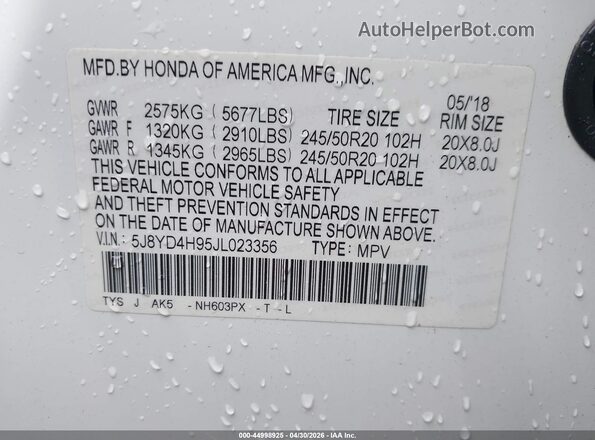 5J8YD4H95JL023356 2018 ACURA MDX White Vista del compartimento del motor