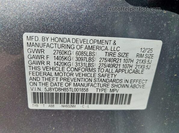 5J8YD8H85TL001858 2026 ACURA MDX Серебряный 