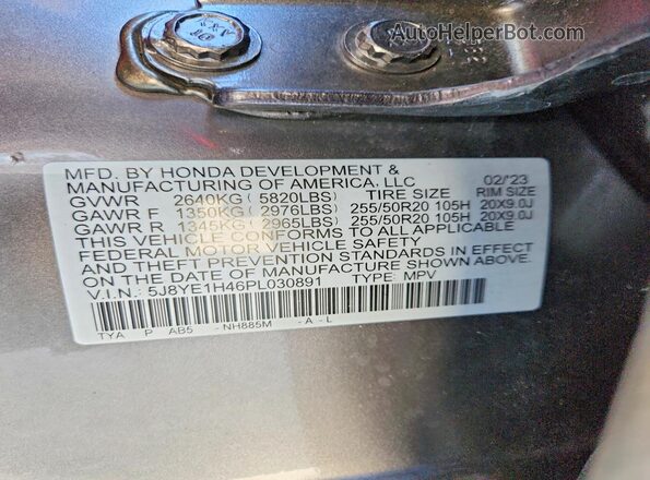 5J8YE1H46PL030891 2023 ACURA MDX Gray Вид наклейки з VIN-кодом