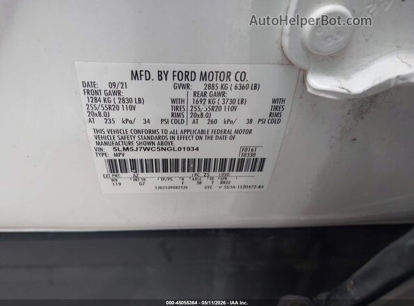 5LM5J7WC5NGL01934 2022 LINCOLN AVIATOR White Widok komory silnika