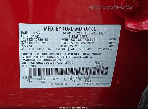 5LM5J7WC6TGL12700 2026 LINCOLN AVIATOR Red Widok komory silnika