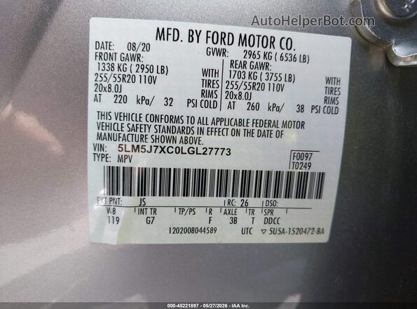 5LM5J7XC0LGL27773 2020 LINCOLN AVIATOR Silver Вид підкапотного простору