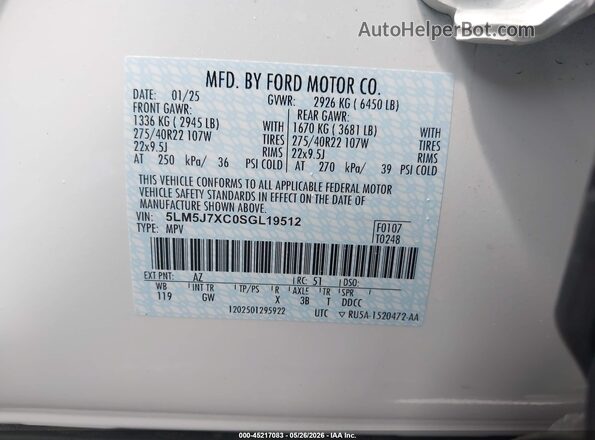 5LM5J7XC0SGL19512 2025 LINCOLN AVIATOR White Engine compartment view