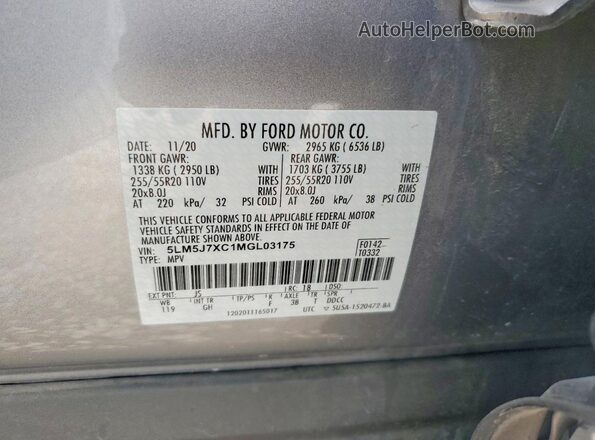 5LM5J7XC1MGL03175 2021 LINCOLN AVIATOR Silver VIN კოდის სტიკერის ხედი