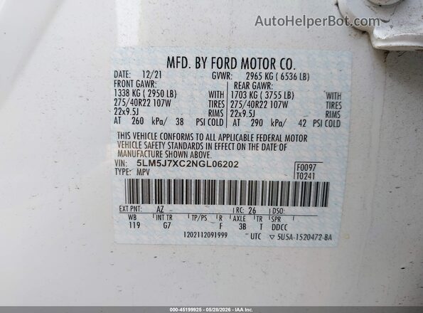 5LM5J7XC2NGL06202 2022 LINCOLN AVIATOR White Շարժիչի բաժամունքի տեսք