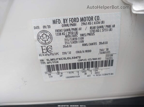 5LM5J7XC5LGL33472 2020 LINCOLN AVIATOR White ძრავის განყოფილების ხედი