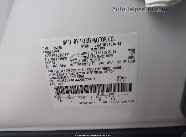 5LM5J7XC6LGL32461 2020 LINCOLN AVIATOR White Շարժիչի բաժամունքի տեսք