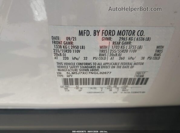 5LM5J7XC7NGL02677 2022 LINCOLN AVIATOR White Вид підкапотного простору