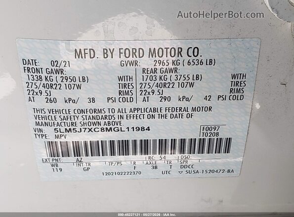 5LM5J7XC8MGL11984 2021 LINCOLN AVIATOR White Շարժիչի բաժամունքի տեսք