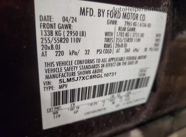 5LM5J7XC8RGL10731 2024 LINCOLN AVIATOR Purple Widok naklejki z numerem VIN