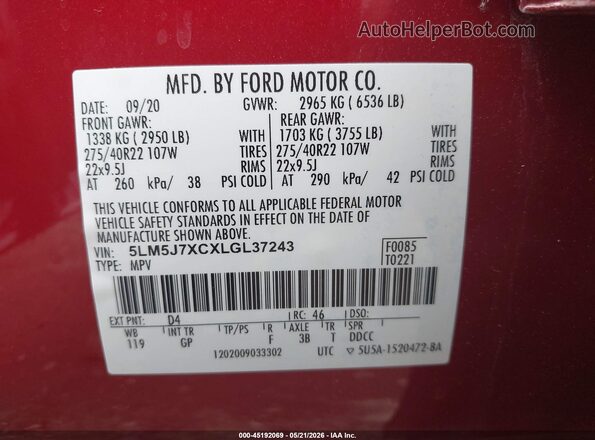 5LM5J7XCXLGL37243 2020 LINCOLN AVIATOR Red Շարժիչի բաժամունքի տեսք