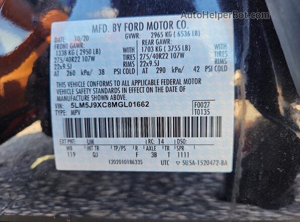 5LM5J9XC8MGL01662 2021 LINCOLN AVIATOR Black Widok naklejki z numerem VIN