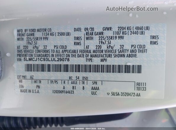 5LMCJ1C93LUL29078 2020 LINCOLN CORSAIR White Vista del compartimento del motor