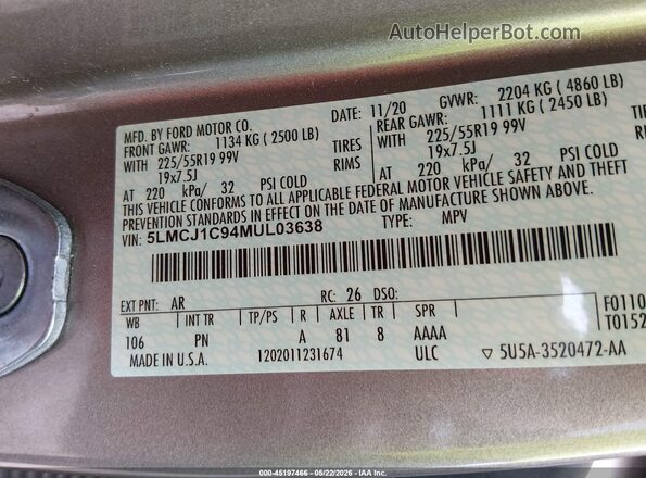 5LMCJ1C94MUL03638 2021 LINCOLN CORSAIR Золотой 