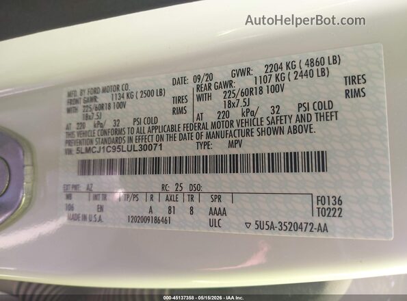 5LMCJ1C95LUL30071 2020 LINCOLN CORSAIR White Շարժիչի բաժամունքի տեսք
