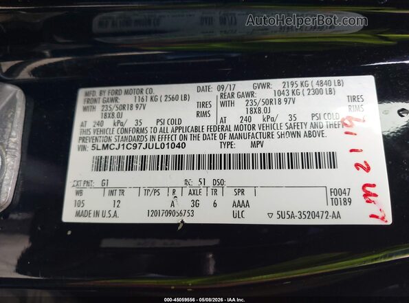 5LMCJ1C97JUL01040 2018 LINCOLN MKC Black 