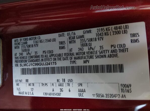 5LMCJ1C99GUJ24175 2016 LINCOLN MKC Красный Вид подкапотного пространства