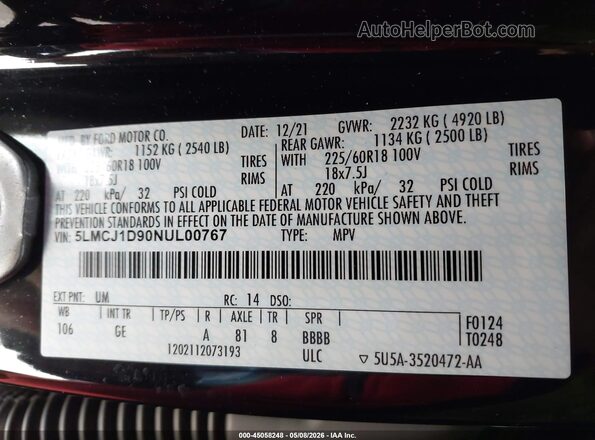 5LMCJ1D90NUL00767 2022 LINCOLN CORSAIR Black Engine compartment view
