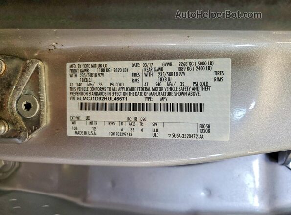 5LMCJ1D92HUL46671 2017 LINCOLN MKC Silver Vista de la etiqueta del VIN