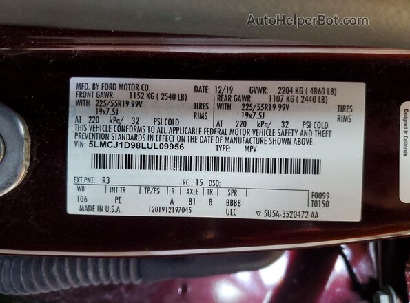 5LMCJ1D98LUL09956 2020 LINCOLN CORSAIR Burgundy VIN sticker view