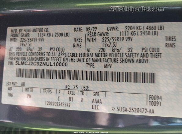5LMCJ2C92NUL10000 2022 LINCOLN CORSAIR Blue Vista del compartimento del motor