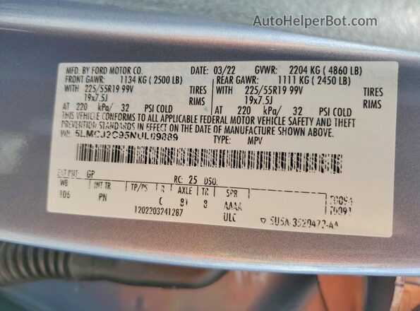 5LMCJ2C95NUL09889 2022 LINCOLN CORSAIR Silver Вид підкапотного простору
