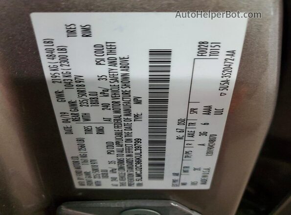 5LMCJ2C96KUL39799 2019 LINCOLN MKC Gray VIN sticker view