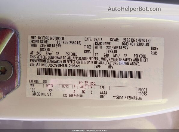 5LMCJ2C98HUL21541 2017 LINCOLN MKC White Engine compartment view