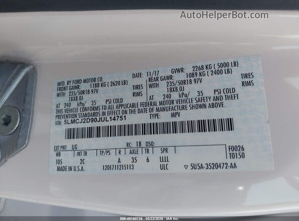5LMCJ2D90JUL14751 2018 LINCOLN MKC Белый Вид подкапотного пространства
