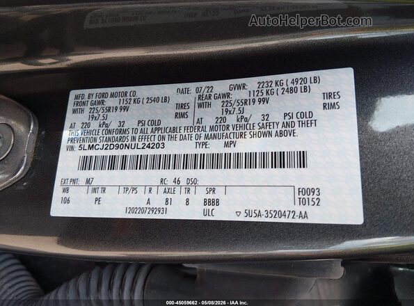 5LMCJ2D90NUL24203 2022 LINCOLN CORSAIR Gray 