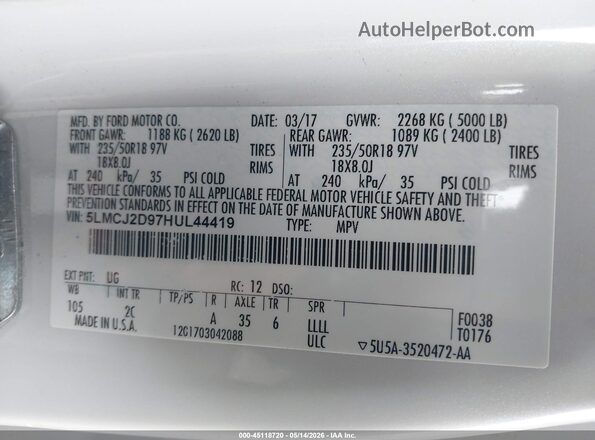 5LMCJ2D97HUL44419 2017 LINCOLN MKC White Շարժիչի բաժամունքի տեսք